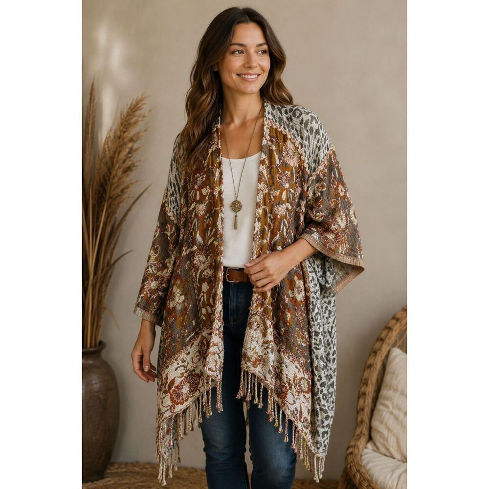 Soft Surroundings Womens S/M Pasha Pumpkin Wool Leopard Cardigan Fringe Boho - Picture 1 of 13
